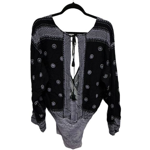 Free People Intimately On Board Boho Lace Body Suit Black Purple Size Large - Picture 5 of 11